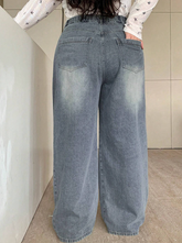 Plus Size Wide Leg Long Denim Pants With Washed And Bleached Effect And Side Pockets
